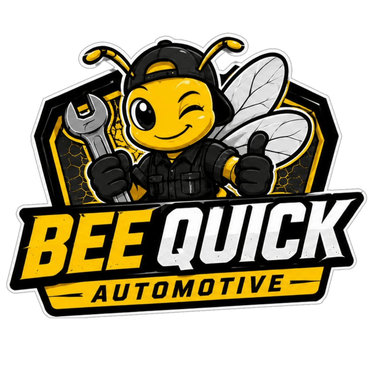 Bee Quick Automotive — winking bee mascot holding a wrench